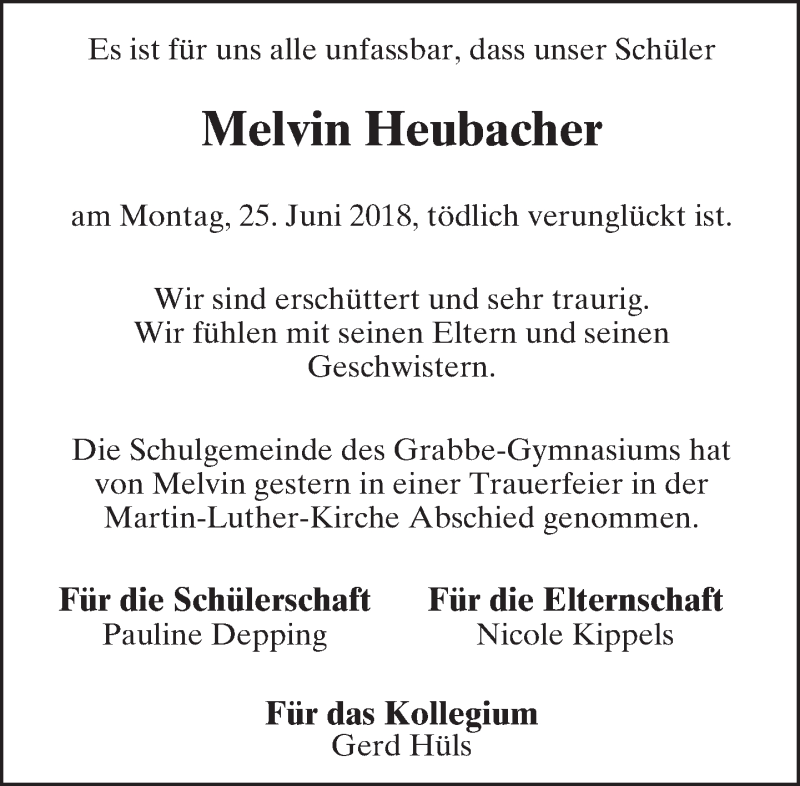  Traueranzeige für Melvin Heubacher vom 30.06.2018 aus Lippische Landes-Zeitung