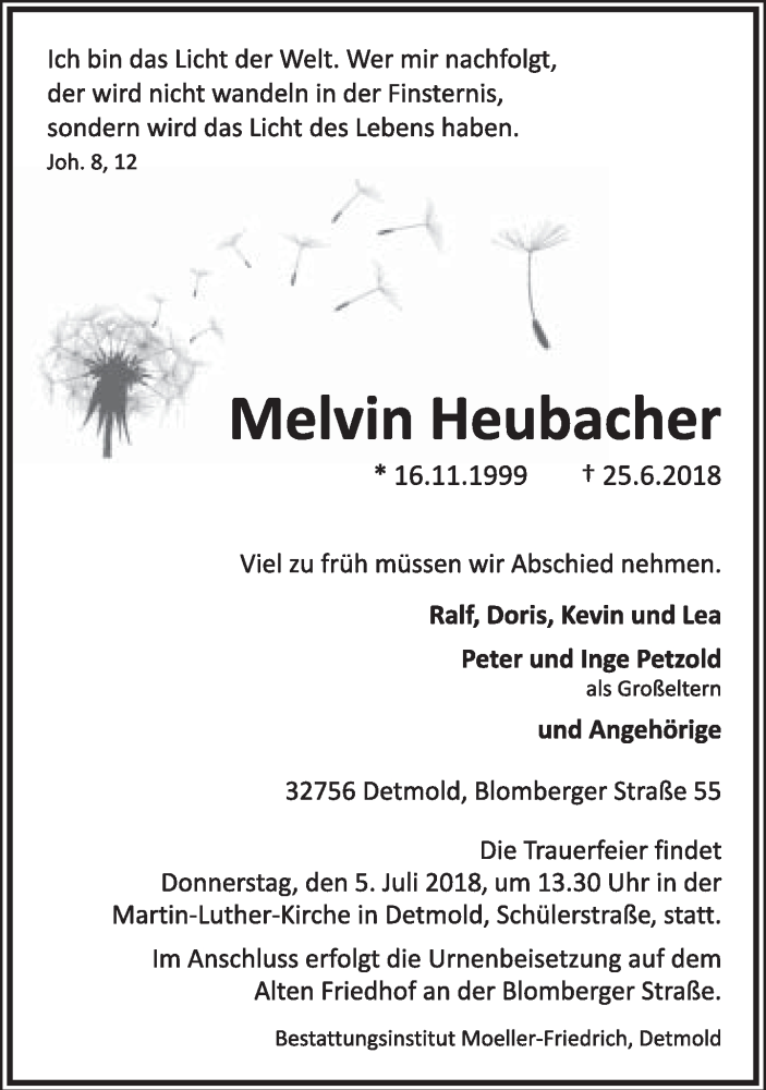  Traueranzeige für Melvin Heubacher vom 30.06.2018 aus Lippische Landes-Zeitung