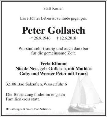 Anzeige  Peter Gollasch  Lippische Landes-Zeitung
