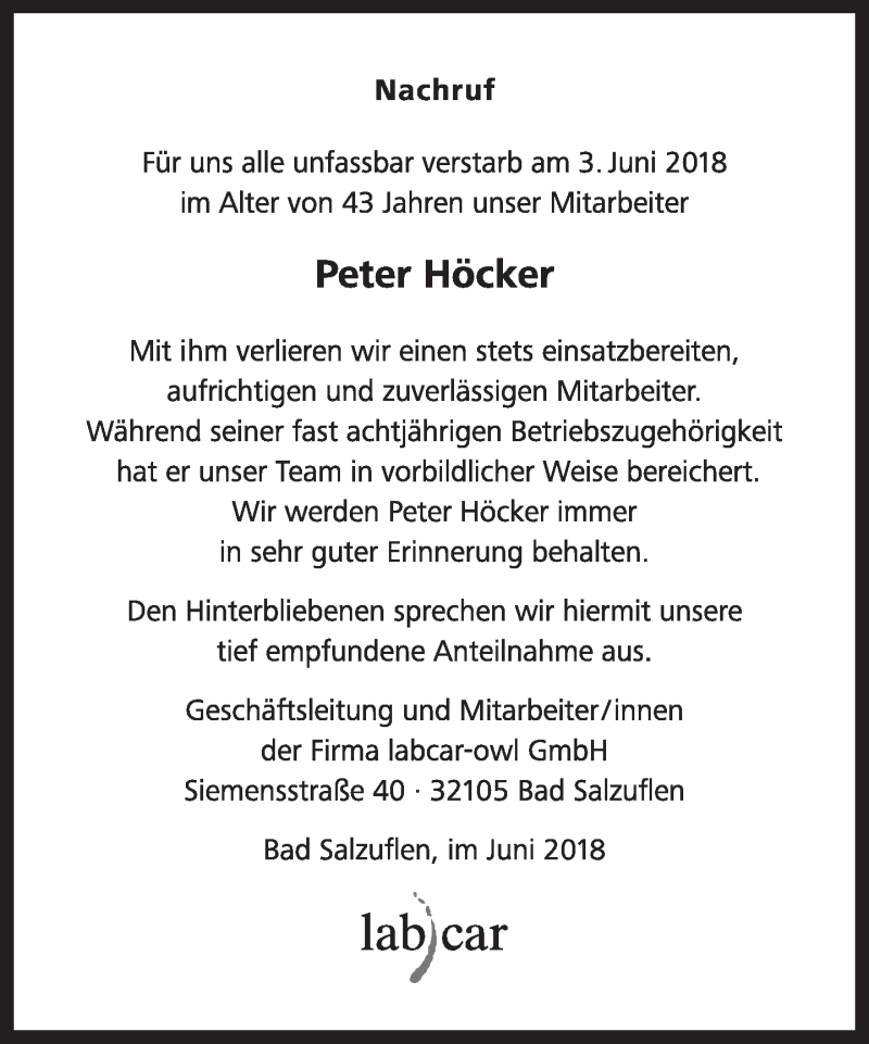  Traueranzeige für Peter Höcker vom 08.06.2018 aus Lippische Landes-Zeitung
