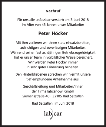 Anzeige  Peter Höcker  Lippische Landes-Zeitung