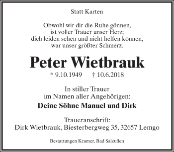 Anzeige  Peter Wietbrauk  Lippische Landes-Zeitung