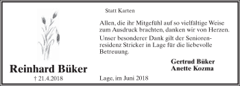 Anzeige  Reinhard Büker  Lippische Landes-Zeitung