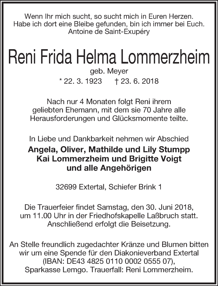  Traueranzeige für Reni Frida Helma Lommerzheim vom 26.06.2018 aus Lippische Landes-Zeitung