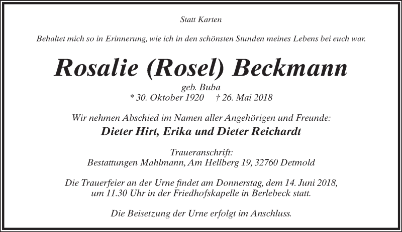  Traueranzeige für Rosalie Beckmann vom 09.06.2018 aus Lippische Landes-Zeitung