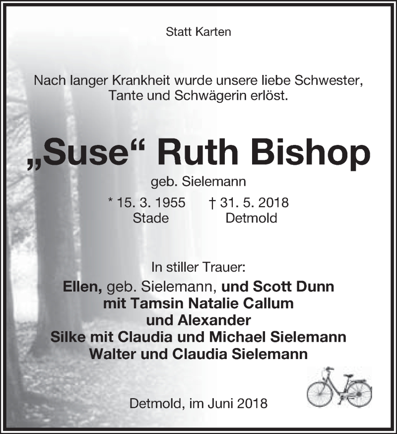  Traueranzeige für Ruth Bishop vom 16.06.2018 aus Lippische Landes-Zeitung
