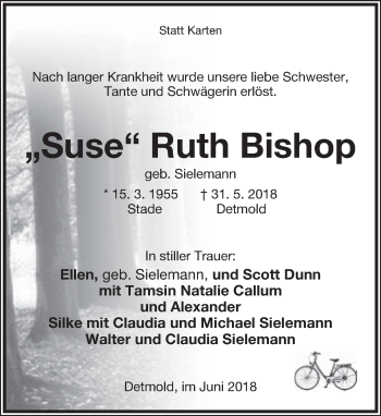 Anzeige  Ruth Bishop  Lippische Landes-Zeitung
