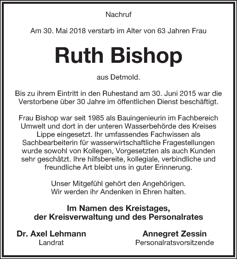  Traueranzeige für Ruth Bishop vom 14.06.2018 aus Lippische Landes-Zeitung