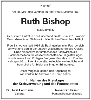 Anzeige  Ruth Bishop  Lippische Landes-Zeitung