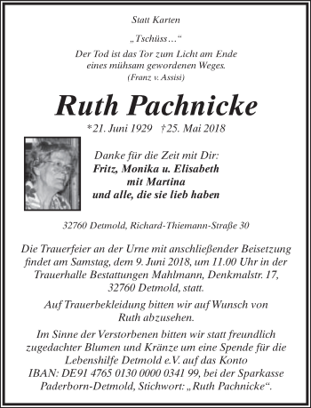 Anzeige  Ruth Pachnicke  Lippische Landes-Zeitung