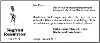 Anzeige  Siegfried Rosentreter  Lippische Landes-Zeitung