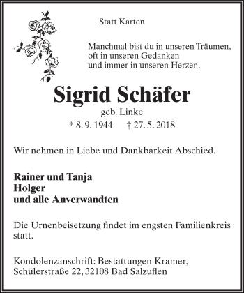 Anzeige  Sigrid Schäfer  Lippische Landes-Zeitung
