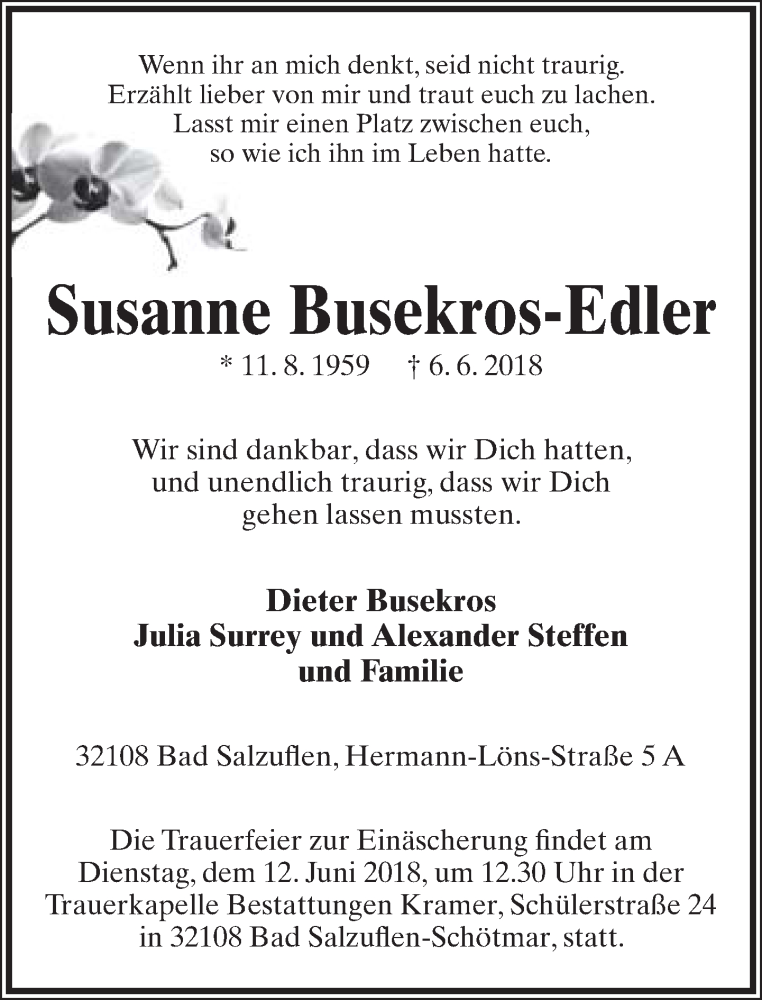  Traueranzeige für Susanne Busekros-Edler vom 09.06.2018 aus Lippische Landes-Zeitung