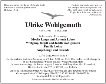 Anzeige  Ulrike Wohlgemuth  Lippische Landes-Zeitung