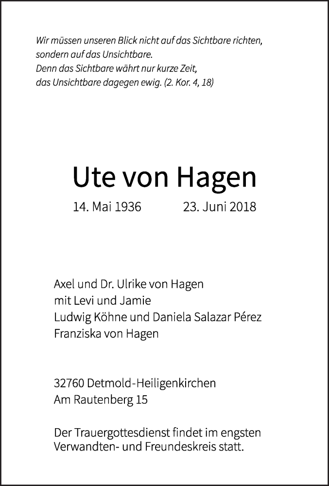  Traueranzeige für Ute von Hagen vom 30.06.2018 aus Lippische Landes-Zeitung