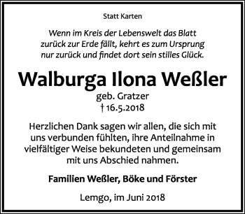 Anzeige  Walburga-Ilona Weßler  Lippische Landes-Zeitung