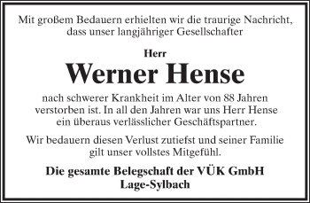 Anzeige  Werner Hense  Lippische Landes-Zeitung