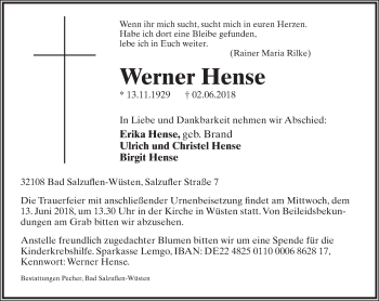 Anzeige  Werner Hense  Lippische Landes-Zeitung