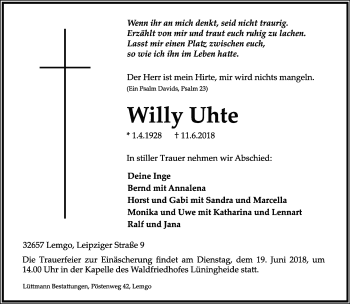 Anzeige  Willy Uhte  Lippische Landes-Zeitung