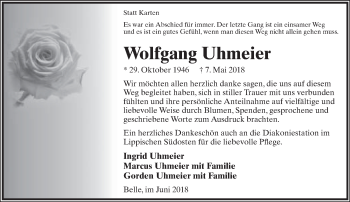 Anzeige  Wolfgang Uhmeier  Lippische Landes-Zeitung