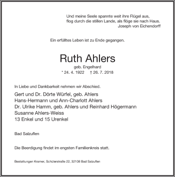 Anzeige  Ruth Ahlers  Lippische Landes-Zeitung