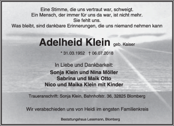 Anzeige  Adelheid Klein  Lippische Landes-Zeitung