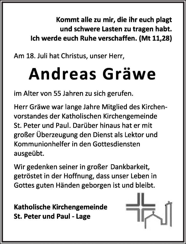  Traueranzeige für Andreas Gräwe vom 21.07.2018 aus Lippische Landes-Zeitung