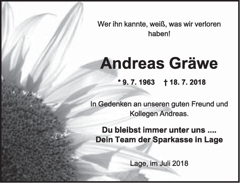  Traueranzeige für Andreas Gräwe vom 21.07.2018 aus Lippische Landes-Zeitung