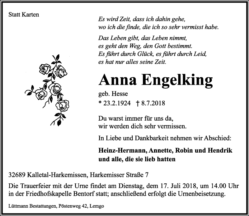  Traueranzeige für Anna Engelking vom 11.07.2018 aus Lippische Landes-Zeitung