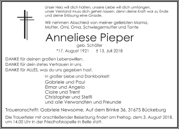 Anzeige  Anneliese Pieper  Lippische Landes-Zeitung