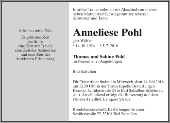 Anzeige  Anneliese Pohl  Lippische Landes-Zeitung