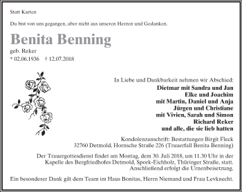 Anzeige  Benita Benning  Lippische Landes-Zeitung