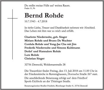 Anzeige  Bernd Rohde  Lippische Landes-Zeitung
