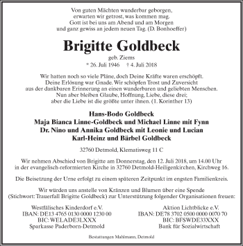 Anzeige  Brigitte Goldbeck  Lippische Landes-Zeitung