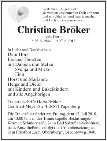Anzeige  Christine Bröker  Lippische Landes-Zeitung