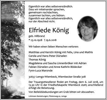 Anzeige  Elfriede König  Lippische Landes-Zeitung