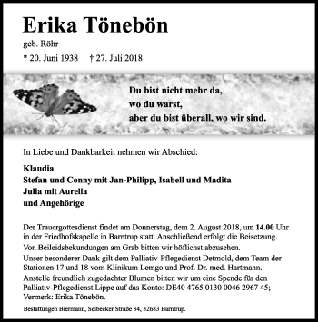 Anzeige  Erika Tönebön  Lippische Landes-Zeitung
