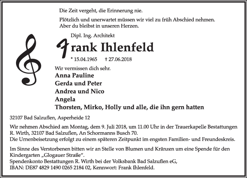  Traueranzeige für Frank Ihlenfeld vom 04.07.2018 aus Lippische Landes-Zeitung