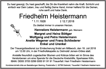 Anzeige  Friedhelm Heistermann  Lippische Landes-Zeitung