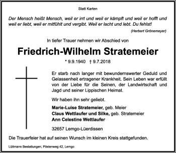 Anzeige  Friedrich-Wilhelm Stratemeier  Lippische Landes-Zeitung