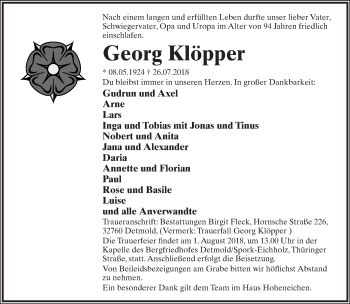 Anzeige  Georg Klöpper  Lippische Landes-Zeitung