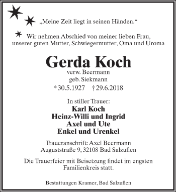Anzeige  Gerda Koch  Lippische Landes-Zeitung