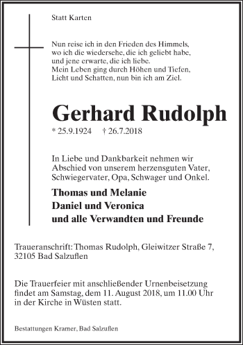 Anzeige  Gerhard Rudolph  Lippische Landes-Zeitung