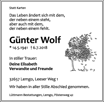 Anzeige  Günter Wolf  Lippische Landes-Zeitung