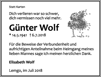 Anzeige  Günter Wolf  Lippische Landes-Zeitung