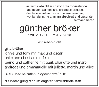 Anzeige  Günther Bröker  Lippische Landes-Zeitung