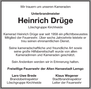 Anzeige  Heinrich Drüge  Lippische Landes-Zeitung