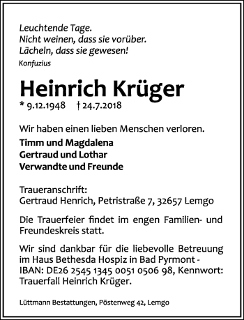 Anzeige  Heinrich Krüger  Lippische Landes-Zeitung
