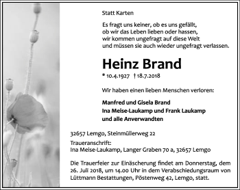 Anzeige  Heinz Brand  Lippische Landes-Zeitung