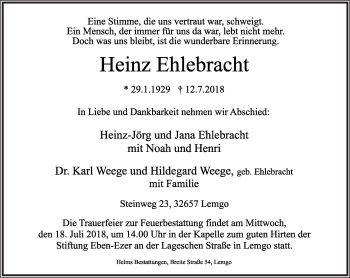 Anzeige  Heinz Ehlebracht  Lippische Landes-Zeitung